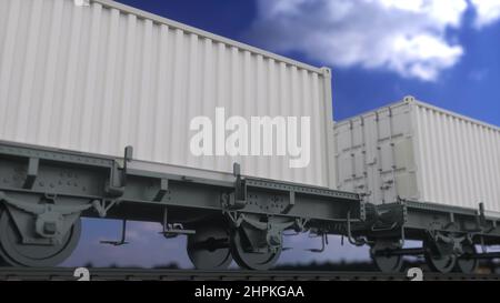Cargo train con contenitori bianchi vuoti. Trasporto ferroviario. 3d rendering Foto Stock