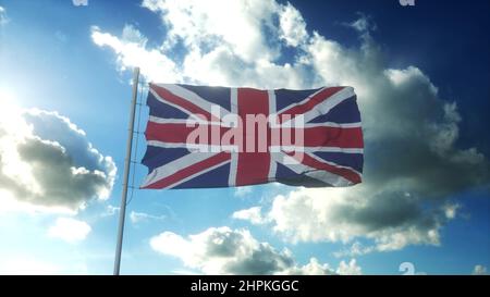 Bandiera del Regno Unito che sventola al vento contro il bel cielo blu. 3d rendering Foto Stock