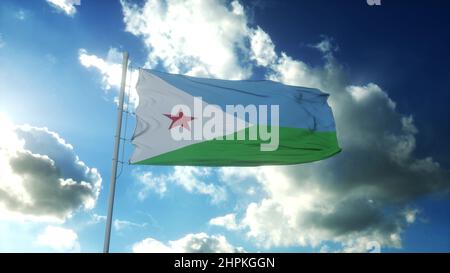 Bandiera di Gibuti che sventola al vento contro il bel cielo blu. 3d rendering Foto Stock