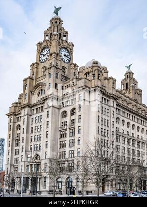 Il Royal Liver Building è un edificio classificato di grado i a Liverpool, Inghilterra, situato presso il Pier Head e accanto al vicino Cunard Building Foto Stock