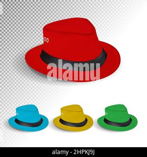 Un set di cappelli in feltro in diversi colori. Rosso, blu, giallo, verde. Vettore realistico Illustrazione Vettoriale