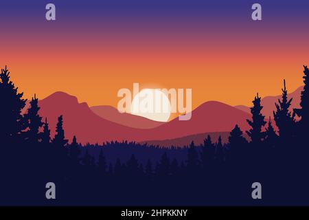 paesaggio naturale al tramonto in montagna e foresta, crepuscolo gradazione di colore in bellissimo cielo Illustrazione Vettoriale