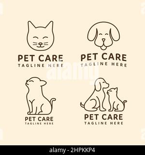 logo cane e gatto animale domestico design monolinea sul set Illustrazione Vettoriale