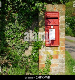 Tradizionale casella di lettera rossa costruita in un vecchio muro, coperto di edera, in una corsia di paese, Regno Unito Foto Stock