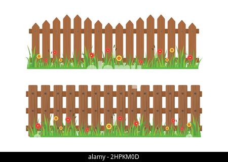 recinzione in legno con erba e fiori illustrazione vettoriale Illustrazione Vettoriale