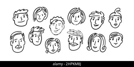 Facce vettoriali di persone. Set di doodle trafilati a mano per tutta la famiglia Illustrazione Vettoriale