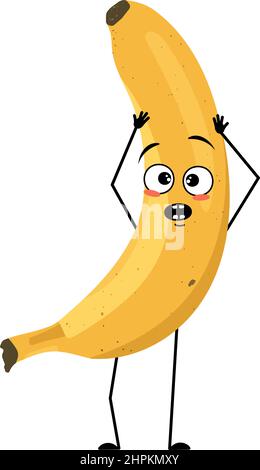 Banana personaggio con emozioni in panico afferra la testa, il viso sorpreso, occhi scioccati, braccia e gambe. Persona con espressione spaventata, emoticon di frutta. Illustrazione piatta vettoriale Illustrazione Vettoriale