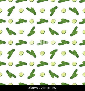 Modello senza cuciture con cetriolo verde tagliato a pezzi. Deliziosa e salutare stampa vegetale su sfondo bianco, cibo fresco per la preparazione delle insalate, raccolta. Illustrazione piatta vettoriale Illustrazione Vettoriale