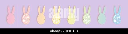 Coniglietto orecchie per festa di Pasqua, set collezione di tag uova colorate, adesivi festa di Pasqua, carta taglio stile, vettore illustrazione isolato Illustrazione Vettoriale
