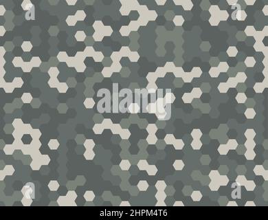 Texture pixel grigio esagonale mimetizzata in un moderno esercito senza cuciture. Astratto vettore futuristico camo sfondo esadecimale. Carta da imballaggio tecnica geometrica Illustrazione Vettoriale