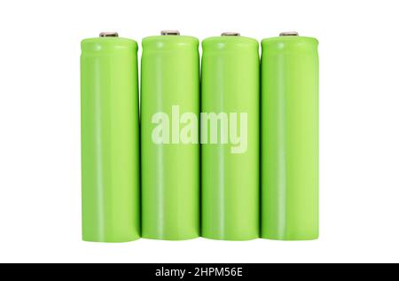 Foto isolata di batterie ricaricabili verdi su sfondo bianco. Foto Stock