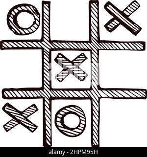 TIC tac TOE schizzato isolato. Vintage in stile disegnato a mano. Croce incisa e zero progettati per poster, stampa, illustrazione di libri, logo, icona, ta Illustrazione Vettoriale