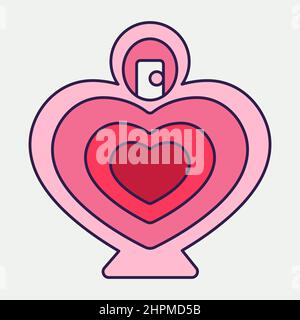Retro San Valentino bottiglia icona di profumo cuore forma. Simbolo d'amore nello stile d'arte alla moda pop line. Il flacone di profumo è rosa, rosso e c Illustrazione Vettoriale