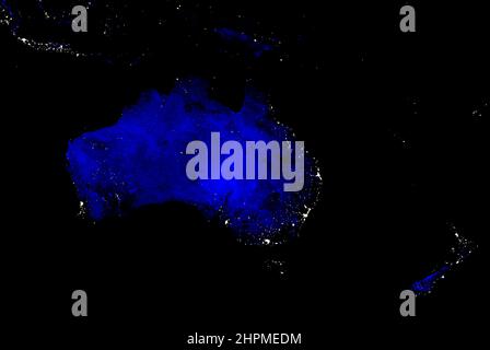 Australia e Nuova Zelanda luci mappa di notte. Vista satellite Foto Stock