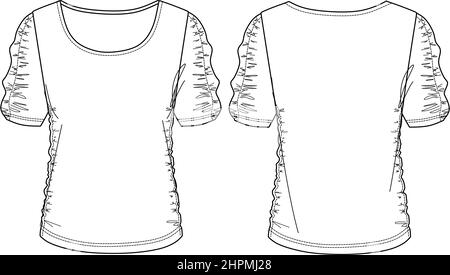 Blusa Vector donna a collo rotondo con manica fumé in CAD, manica corta con disegno tecnico in dettaglio fumé, piatta, disegno. Maglia o tessuto Illustrazione Vettoriale