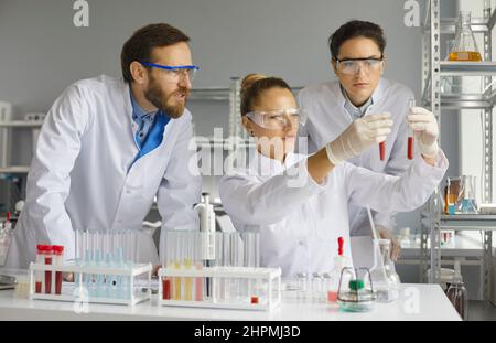 Il team di scienziati esamina attentamente e confronta i campioni di sangue nelle provette di laboratorio. Foto Stock