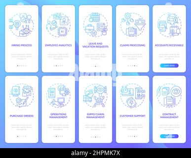 Schermata dell'app mobile onboarding con gradiente blu per l'automazione aziendale Illustrazione Vettoriale