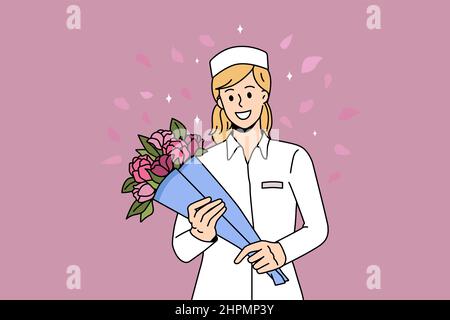 Grazie medico e infermieri concetto. Donna sorridente medico o infermiere in piedi con bouquet di fiori che combattono coronavirus illustrazione vettoriale Illustrazione Vettoriale