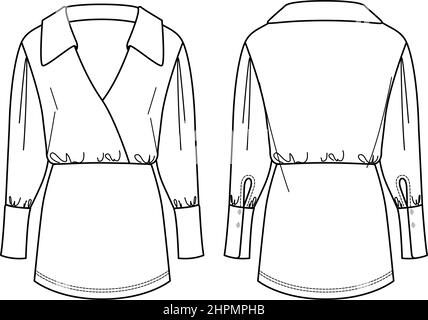 Disegno tecnico Vector mini dress, abito invernale corto con cinturino e colletto moda CAD, abito donna con sbozzatura polo collo, modello. Maglia o. Illustrazione Vettoriale