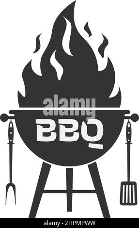 simbolo del grill per barbecue, griglia del bollitore con fiamme, forchetta e spatola, illustrazione vettoriale Illustrazione Vettoriale