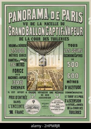 Il poster francese "PANORAMA DE PARIS" di Parigi del Ballon Vintage 1800s mostra il cestino del pallone prigioniero di Henri Giffard e una vista dall'alto di Parigi per pubblicizzare gli ascensioni alla fiera mondiale del 1878. Panorama di Parigi. VU de la nacelle du Grand ballon captif à vapeur de la cour des Tuileries Parigi Francia Foto Stock