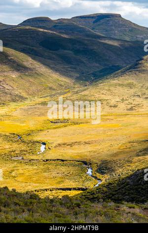 Viaggio verso Lesotho Un fiume meandri attraverso un prato in montagna Foto Stock