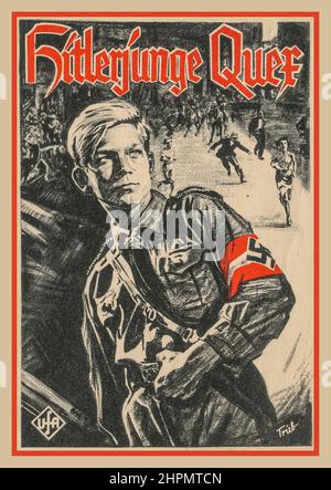 HITLERJUNGE Vintage 1930s Hitler Youth Poster Card 'HITLERJUNGE QUER' 1930s per disordini civili e protezione politica in tutta la Germania nazista Teenage Youth con fascia Swastika e uniforme Foto Stock