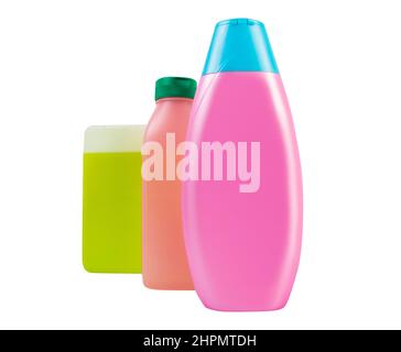 Foto isolata di bottiglie bianche di shampoo multicolore su sfondo bianco. Foto Stock