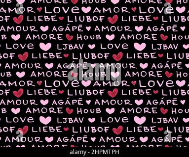 Parola d'amore scritta a mano modello senza giunture. Scritta con pennarelli. Amore in lingue diverse. Sfondo nero. Illustrazione vettoriale, design piatto Illustrazione Vettoriale