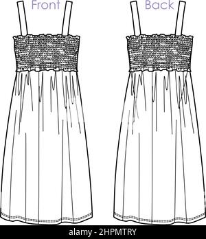 Vector estate abito fumé moda CAD, donna midi bordato fronte e retro con spallacci disegno tecnico, modello, piatto, schizzo Illustrazione Vettoriale