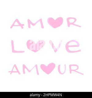 Set di parole d'amore scritte a mano. Forma del cuore. Scritta con pennarelli. Amore in spagnolo, inglese e francese. Illustrazione vettoriale, design piatto Illustrazione Vettoriale