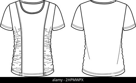Donna vettoriale a collo tondo, maglietta a maniche corte estiva con CAD moda da raccolta, disegno, disegno tecnico, piatto, modello. Maglia o. Illustrazione Vettoriale