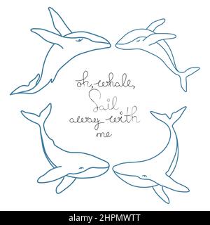 Quattro balene humpback e lettere disegnate a mano frase minimalista semplice contorno vettore logo illustrazione. Disegno delle balene contornate su sfondo bianco Illustrazione Vettoriale