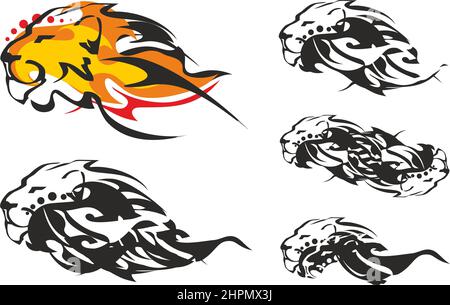 Simboli della testa di leone fiammeggiante sotto forma di onda su sfondo bianco. Testa di leone ruggente in tonalità arancio-nero e bianco-nero per icone web, ricami Foto Stock