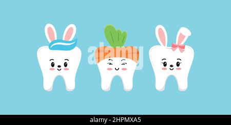 Denti di Pasqua coniglio coniglietto e carota dentale icona set isolato. Illustrazione Vettoriale