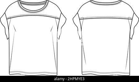 Vector sleeveless round collk top moda CAD, donna drop spalla blusa disegno tecnico, modello, piatto, schizzo. Maglietta in Jersey o tessuto Illustrazione Vettoriale