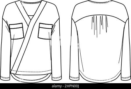 Maglia moda Vector maniche lunghe CAD, donna avvolto top disegni tecnici, piatto, modello, schizzo Illustrazione Vettoriale