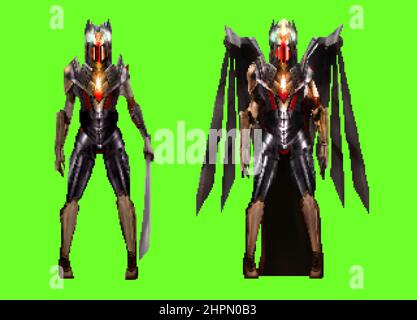 Illustrazione grafica pixel di un personaggio femminile fantascientinista fantasy a 16 bit in tuta da braccio con spada e ali su sfondo verde. Foto Stock