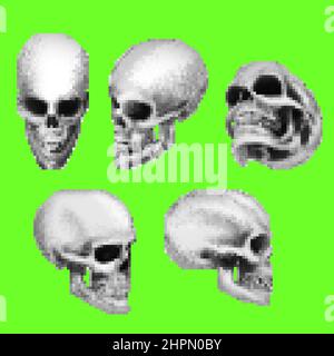 Illustrazione grafica di pixel del cranio della testa umana in diverse posizioni su sfondo verde dello schermo. Foto Stock