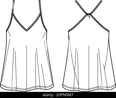 Camisole disegno tecnico di moda con scollo a V, cinturini, vestibilità rilassata, lunghezza tonica. Modello di abbigliamento canotta per outwear piatto anteriore, posteriore, Whi Illustrazione Vettoriale