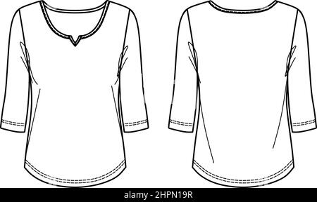 T-shirt Vector moda CAD, maglia donna manica lunga, disegno tecnico donna a collo rotondo, disegno, piatto. Blusa in Jersey con parte anteriore, bac Illustrazione Vettoriale