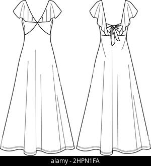 Maxi abito vettoriale senza maniche disegno tecnico, abito da donna con dettagli in frill e aperto alla moda CAD, disegno, modello, piatto. Maglia o tessuto fab Illustrazione Vettoriale