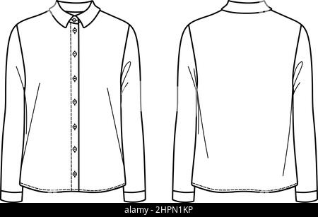 Camicia vettoriale a maniche lunghe moda CAD, camicia classica donna con collari e bottoni disegno tecnico, modello, piatto, disegno. Maglia o tessuto tessuto Illustrazione Vettoriale