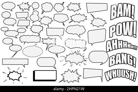 Illustrazione di illustrazioni isolate di grigio chiaro varie finestre di dialogo di stile fumetto e parole su sfondo bianco Foto Stock