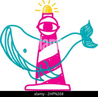 illustrazione doodle balena e faro Illustrazione Vettoriale