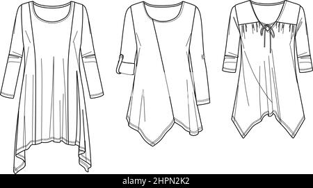 Vector maglia manica lunga moda CAD, collo a V donna top con dettagli di raccolta disegno tecnico, schizzo, modello Illustrazione Vettoriale