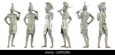 3d rappresentazione illustrazione opera di antico greco spartano maschio guerriero in casco e spada, dio statua di pietra di marmo in diverse angolazioni isolato sul molo Foto Stock