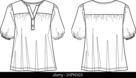 Blusa donna con collo a V con dettagli di raccolta CAD moda, parte superiore corta con maniche a palloncino con bozzetto a bottone, disegno tecnico, piatta, modello. Jersey o Wove Illustrazione Vettoriale