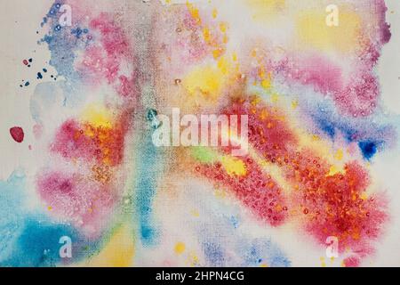 Coloratissima pittura acquerello. Sfondo astratto. Spruzzi luminosi dipinti a mano Foto Stock