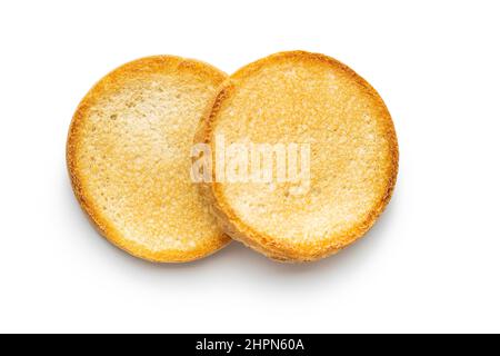 Pane di fette biscottate dietetiche. Biscotti croccanti isolati su sfondo bianco. Foto Stock